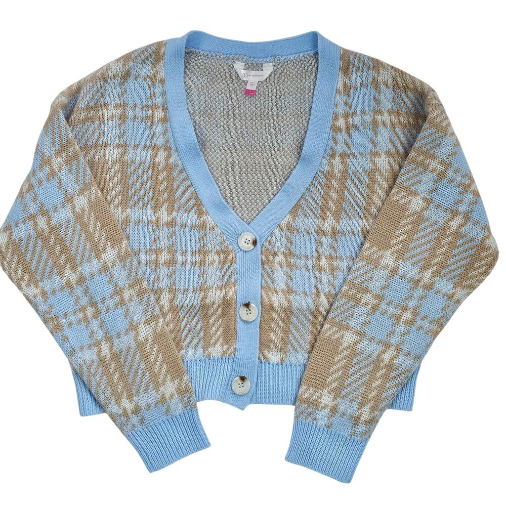 Grandpa core blue beige plaid cardigan cropped preppy trad Jr L 11-13